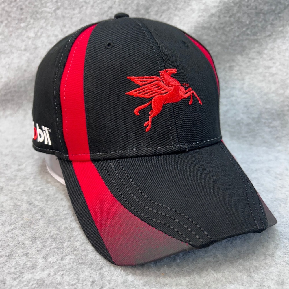Mobil Oil Red Pegasus Mens Black Baseball Cap Racing Hook Loop OSFM